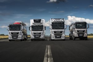 The new MAN trucks receive impressive innovations in both the exterior and interior, together with an even more efficient driveline. (From the left: TGS, TGM, TGX, and again the TGS) DE: Die neuen MAN erhalten ausdrucksstarke Neuerungen am Exterieur und Interieur sowie einen noch effizienteren Antriebsstrang.(von links: TGS, TGM, TGX und nochmals TGS) UK: The new MAN trucks receive impressive innovations in both the exterior and interior, together with an even more efficient driveline. (From the left: TGS, TGM, TGX, and again the TGS)